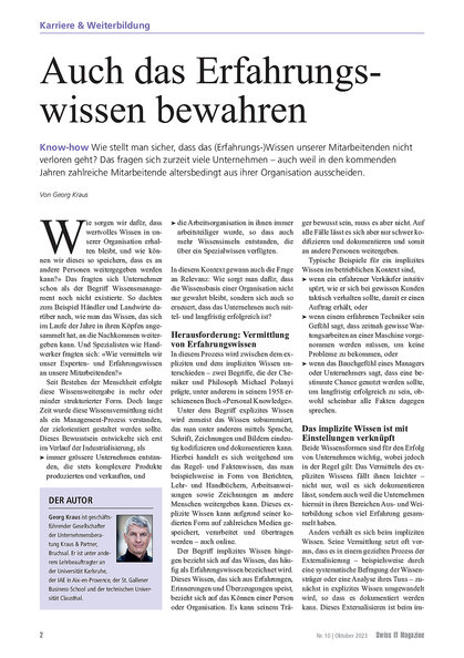 Artikel Erfahrungswissen erhalten; Wissen und Erfahrungen vor dem Vergessen werden schützen