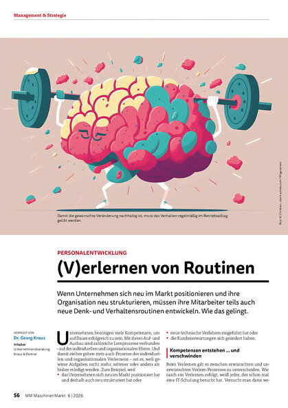 Illustration eines muskulösen Gehirns, das eine Hantel stemmt, als Sinnbild für das Trainieren neuer Denk- und Verhaltensroutinen im Unternehmen