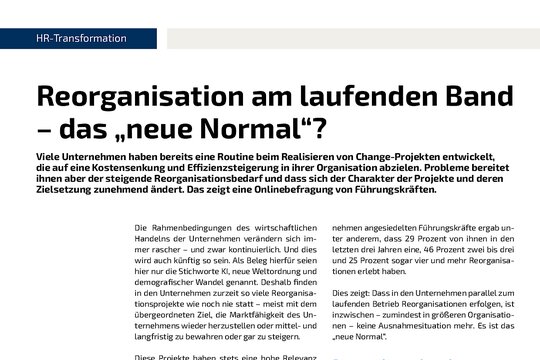 Titelseite des Fachartikels „Reorganisation am laufenden Band – das neue Normal?“ von Kraus & Partner und dem IfUS-Institut, erschienen in HR Performance 3/2026, mit Balkendiagramm zu den Zielen von Reorganisationsprojekten
