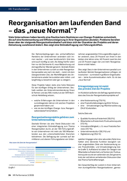 Titelseite des Fachartikels „Reorganisation am laufenden Band – das neue Normal?“ von Kraus & Partner und dem IfUS-Institut, erschienen in HR Performance 3/2026, mit Balkendiagramm zu den Zielen von Reorganisationsprojekten